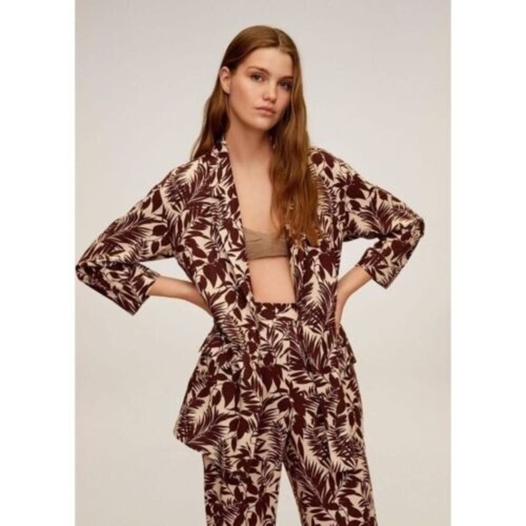 Mango Women Notch Collar Long Sleeves Tropic Print Linen Blazer, Beige Brown XS - Picture 1 of 9